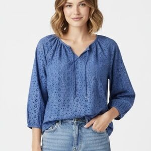 Chaps Women Eyelet Boho Blouse XL Blue Cotton 3/4 Sleeve Elastic Cuff Casual Top